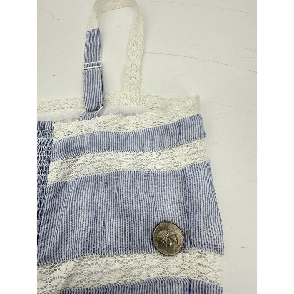 GAP Lace Trim Maxi Dress S Petite Blue Stripe Cotton Button Front Cottagecore - Picture 16 of 16